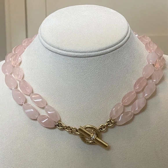 Designer SLANE ~ 18K Yellow Gold ~ Rose Quartz & Diamond Necklace Double Strand - Picture 3 of 16